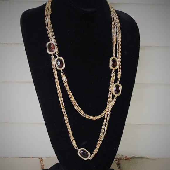 Sarah Coventry Jewelry - 3-Strand Sarah Cov Amber Topaz Glass Long Necklace